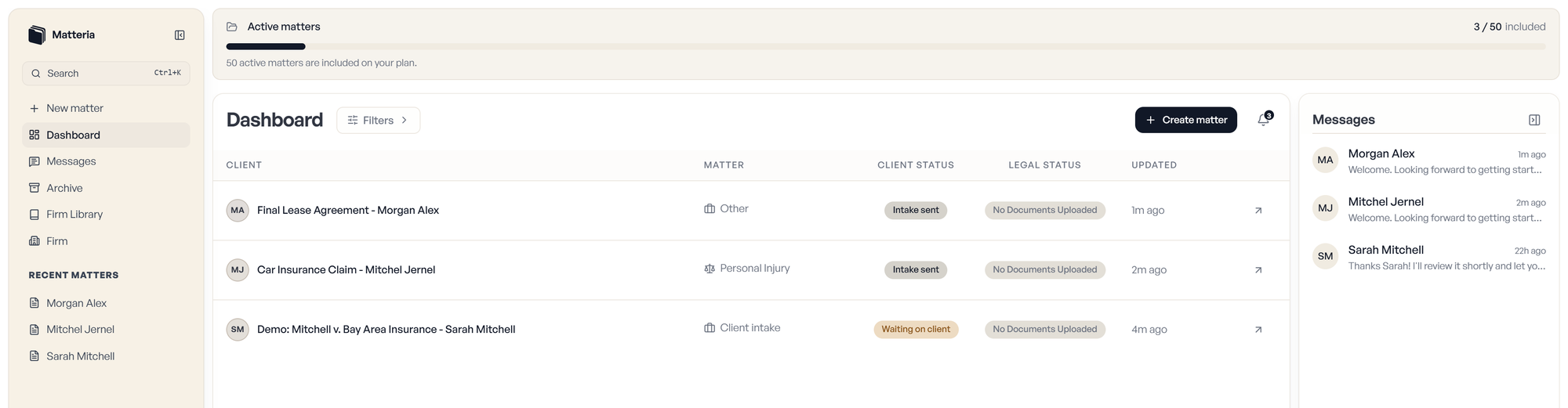 Matteria dashboard with the matters list, client and legal status, and the messages panel.