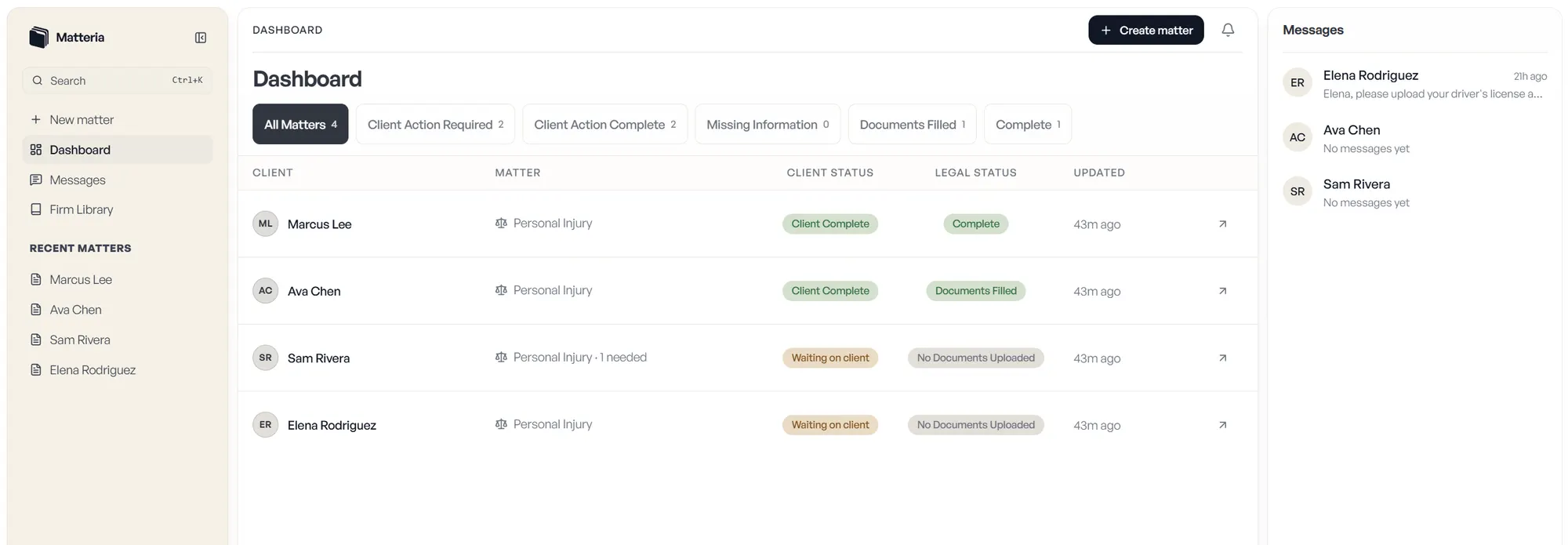 Matteria dashboard with the matters list, client and legal status, and the messages panel.