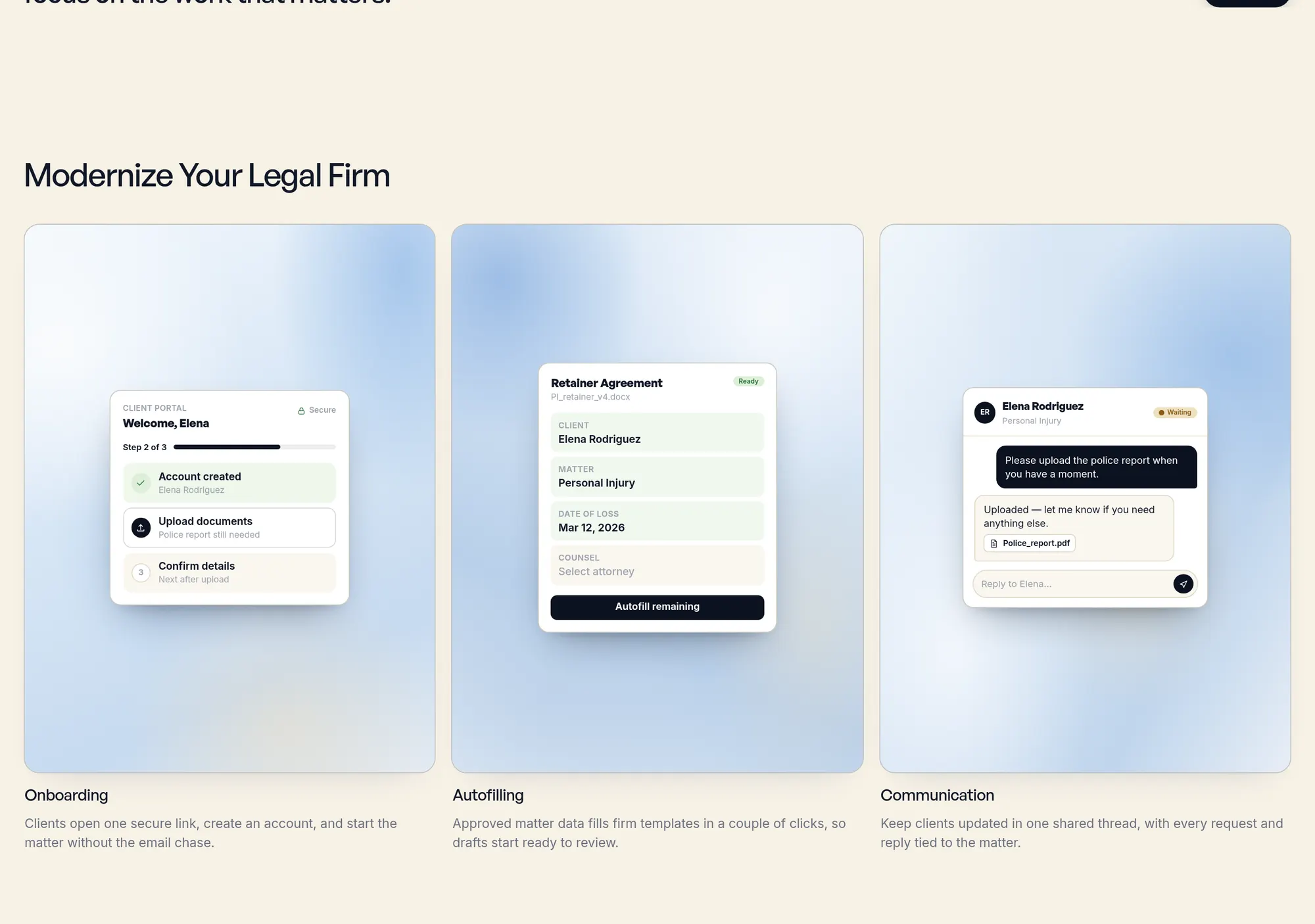 Three Matteria panels: client onboarding, a retainer agreement being autofilled, and a message thread.